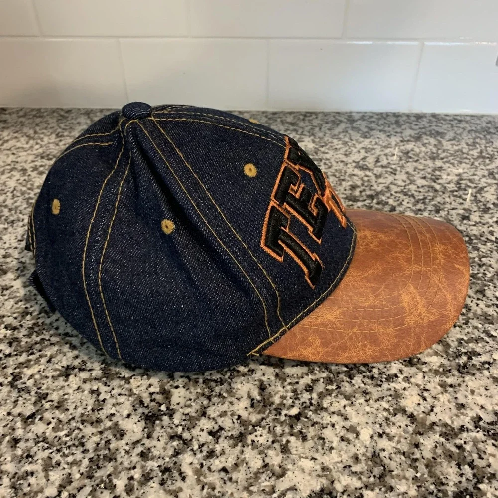VTG Texas Denim Hat Cap Strap Back One Size Blue Brown USA Headwear Mens Western